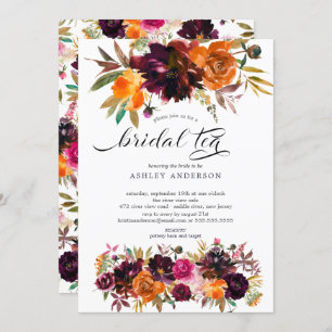 Autumn Burgundy & Oranje Floral Bridal Tea Kaart