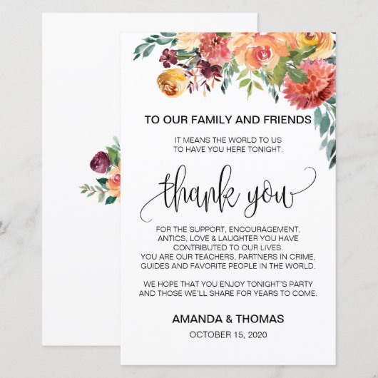 Autumn Burgundy Oranje Floral Hartelijk dank (Voorkant / Achterkant)