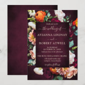 Autumn Burgundy Red Sinaasappel Blush Floral Weddi Kaart (Voorkant / Achterkant)