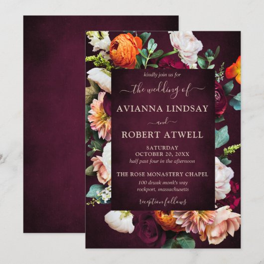 Autumn Burgundy Red Sinaasappel Blush Floral Weddi Kaart (Voorkant / Achterkant)