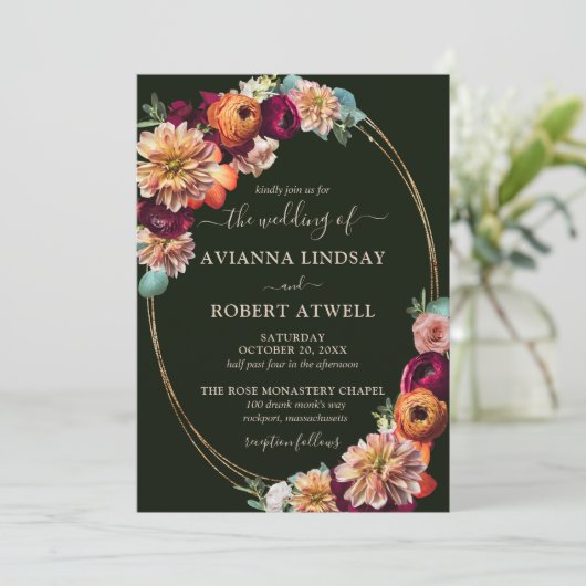 Autumn Burgundy Red Sinaasappel Blush Floral Weddi Kaart (Staand voorkant)