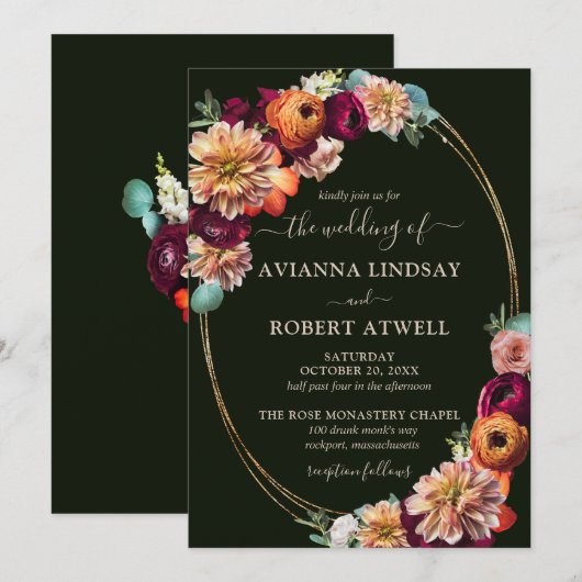 Autumn Burgundy Red Sinaasappel Blush Floral Weddi Kaart (Voorkant / Achterkant)