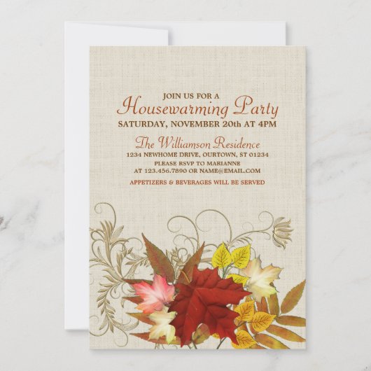 Autumn Burlap & Leaves Housewarming Invitation Kaart (Voorkant)