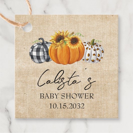 Autumn Burlap Pumpkin en Sunflower Baby shower Bedankjes Labels (Voorkant)