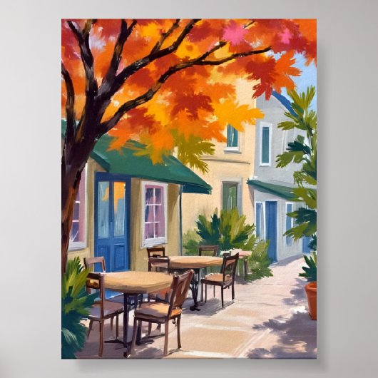 Autumn Cafe Watercolor Fall Foliage Art Poster (Voorkant)