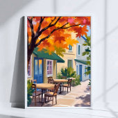 Autumn Cafe Watercolor Fall Foliage Art Poster