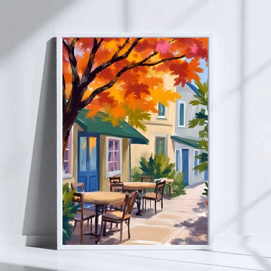 Autumn Cafe Watercolor Fall Foliage Art Poster
