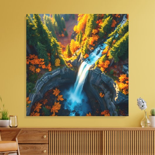 Autumn Canyon Waterfall – Vibrant Fall Forest Land Canvas Afdruk (Insitu (Woonkamer))