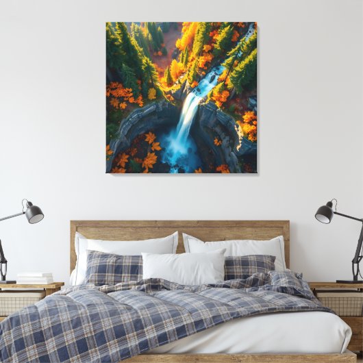 Autumn Canyon Waterfall – Vibrant Fall Forest Land Canvas Afdruk (Insitu (Slaapkamer))
