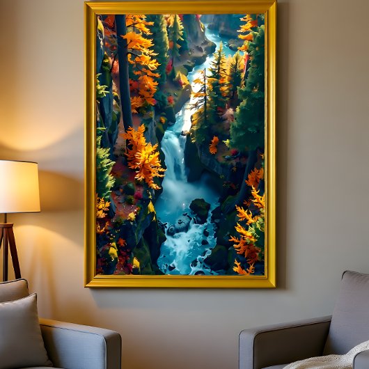 Autumn Canyon Waterfall – Vibrant Fall Forest Land Canvas Afdruk