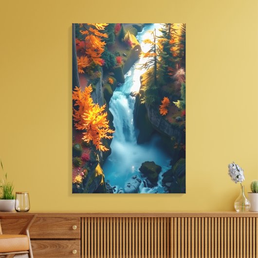 Autumn Canyon Waterfall – Vibrant Fall Forest Land Canvas Afdruk (Insitu (Woonkamer))