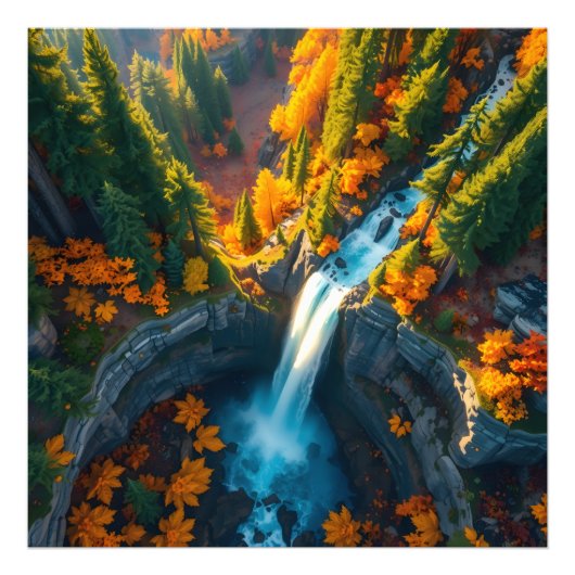 Autumn Canyon Waterfall – Vibrant Fall Forest Land Foto Afdruk (Voorkant)