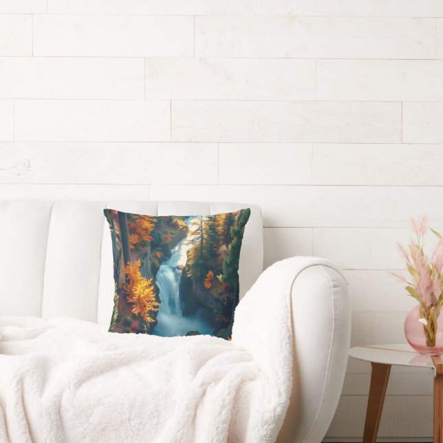 Autumn Canyon Waterfall – Vibrant Fall Forest Land Kussen (Bank)