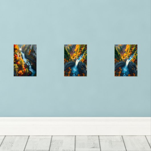 Autumn Canyon Waterfall – Vibrant Fall Forest Land Muurkunst Sets (Houten vloer)