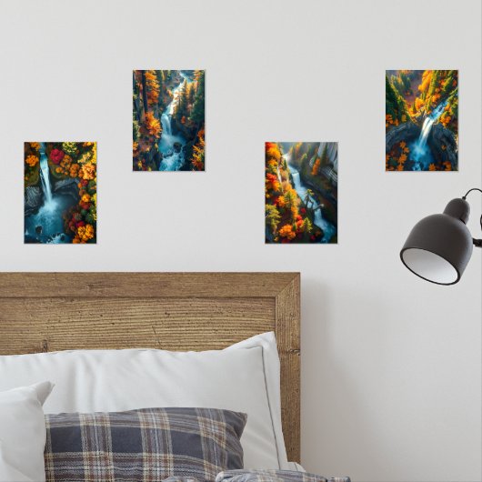 Autumn Canyon Waterfall – Vibrant Fall Forest Land Muurkunst Sets (Slaapkamer)