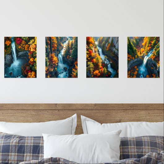 Autumn Canyon Waterfall – Vibrant Fall Forest Land Muurkunst Sets (Slaapkamer)