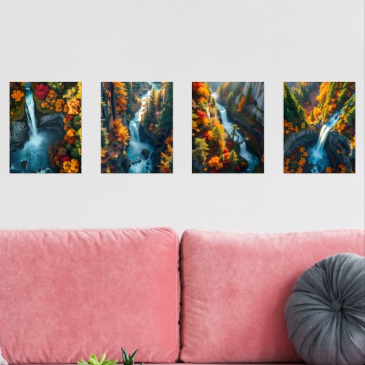 Autumn Canyon Waterfall – Vibrant Fall Forest Land Muurkunst Sets (Woonkamer)