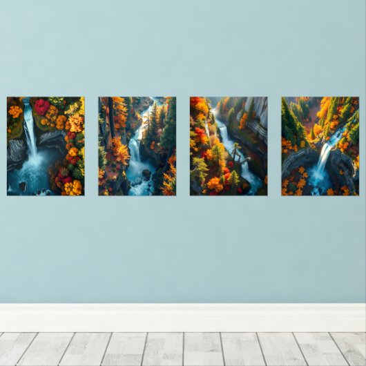 Autumn Canyon Waterfall – Vibrant Fall Forest Land Muurkunst Sets (Houten vloer)