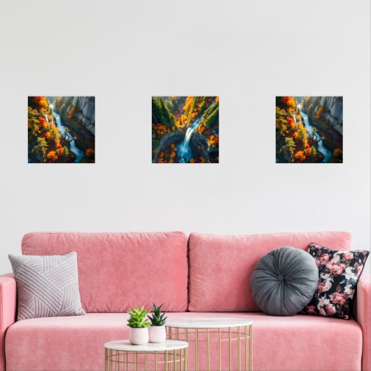 Autumn Canyon Waterfall – Vibrant Fall Forest Land Muurkunst Sets (Woonkamer)