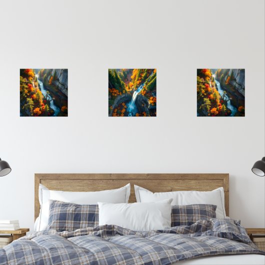 Autumn Canyon Waterfall – Vibrant Fall Forest Land Muurkunst Sets (Slaapkamer)