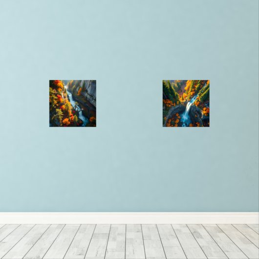Autumn Canyon Waterfall – Vibrant Fall Forest Land Muurkunst Sets (Houten vloer)