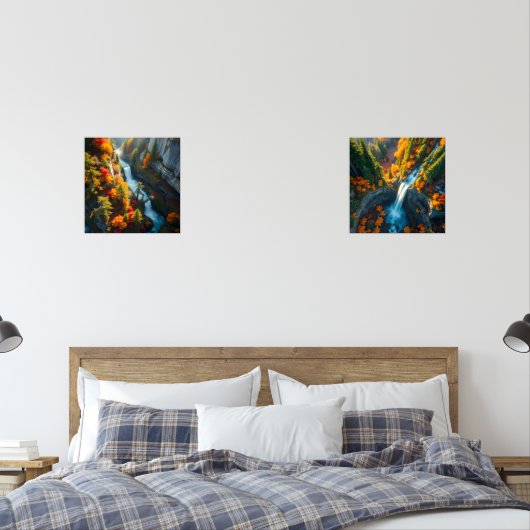 Autumn Canyon Waterfall – Vibrant Fall Forest Land Muurkunst Sets (Slaapkamer)