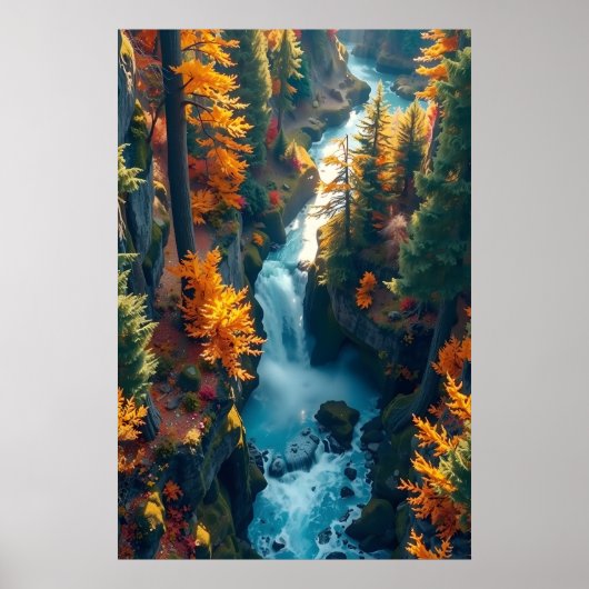 Autumn Canyon Waterfall – Vibrant Fall Forest Land Poster (Voorkant)