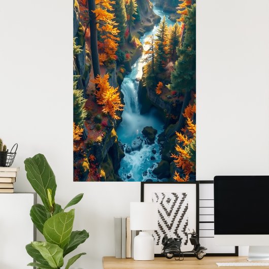 Autumn Canyon Waterfall – Vibrant Fall Forest Land Poster (Thuiskantoor)