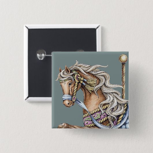 Autumn Carousel Horse Drawing Square Button (Voorkant /achterkant)