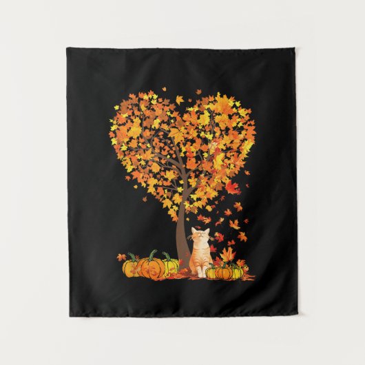 Autumn Cat Lover Autumn Heart Tree verlaat Schatti Wandkleed (Voorkant)