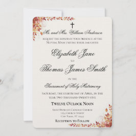 Autumn Catholic Red and Gold Wedding Invitation Kaart