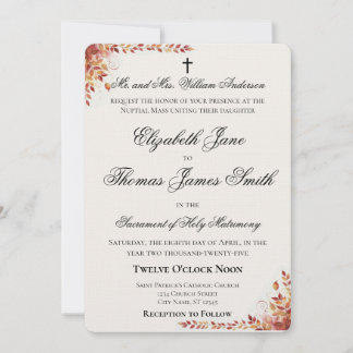 Autumn Catholic Red and Gold Wedding Invitation Kaart