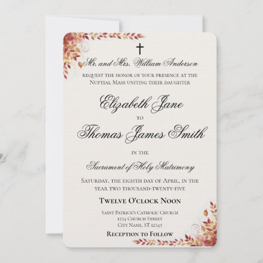 Autumn Catholic Red and Gold Wedding Invitation Kaart (Voorkant)