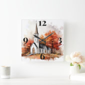 Autumn Church Vierkante Klok (Huis)