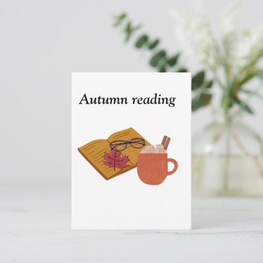 Autumn Cozy Vibes – warme cacao, boek & herfstblad Briefkaart (Staand voorkant)