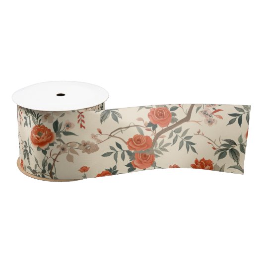 Autumn Cream Orange Floral Chinoiserie Satijnen Lint (Spoel)