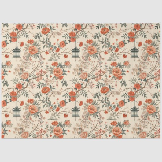 Autumn Cream Orange Floral Chinoiserie Tissuepapier (Voorkant)