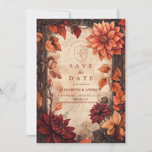 Autumn Dahlia Elegance bruiloft Save The Date (Voorkant)