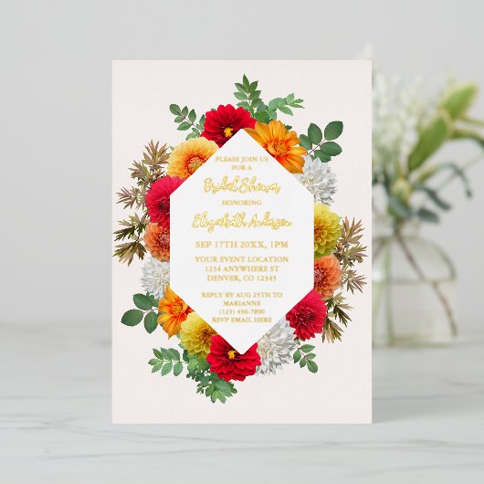 Autumn Dahlia Floral Herfst Vrijgezellenfeest Folie Uitnodiging (Staand Voorkant)