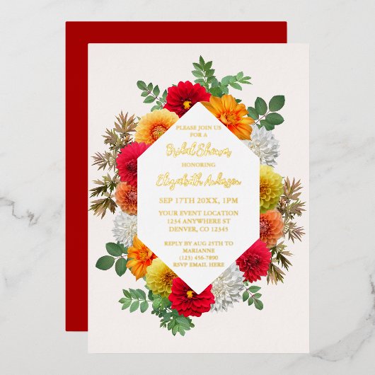 Autumn Dahlia Floral Herfst Vrijgezellenfeest Folie Uitnodiging (Voorkant / Achterkant)