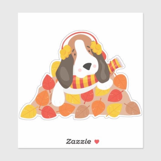 Autumn Dog, Cute Dog, Basset Hound, Autumn Leaves Sticker (Vel)