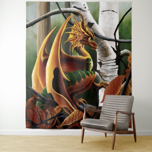 Autumn Dragon Sinaasappel Green Fantasy Wandkleed (In situ)