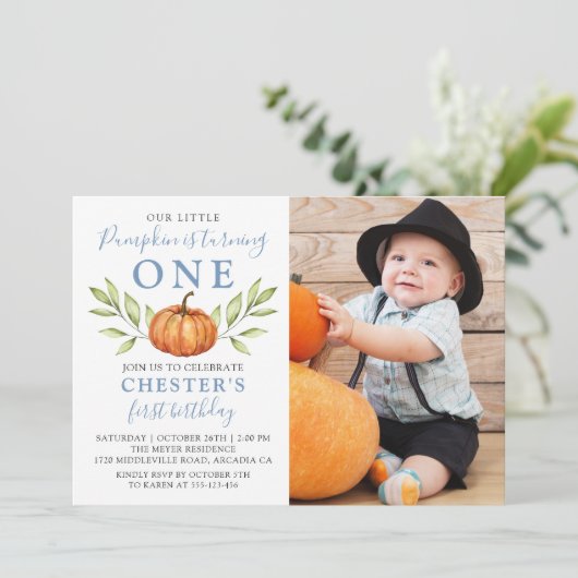 Autumn Dusty Blue Pumpkin 1 Birthday Foto Kaart (Staand voorkant)