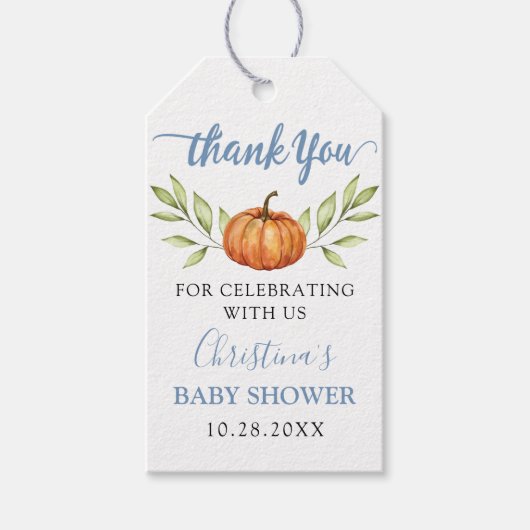 Autumn Dusty Blue Pumpkin Baby shower Dank u wel Cadeaulabel (Voorkant)