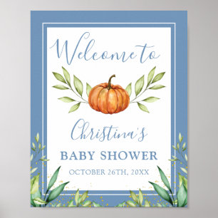 Autumn Dusty Blue Pumpkin Baby shower Welkom Poster