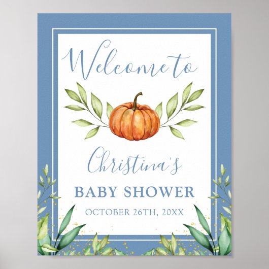 Autumn Dusty Blue Pumpkin Baby shower Welkom Poster (Voorkant)