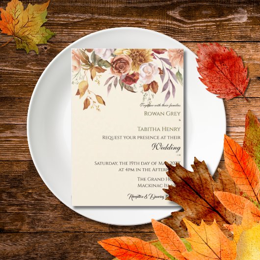 Autumn Elegance Fall Watercolor Floral Wedding Kaart
