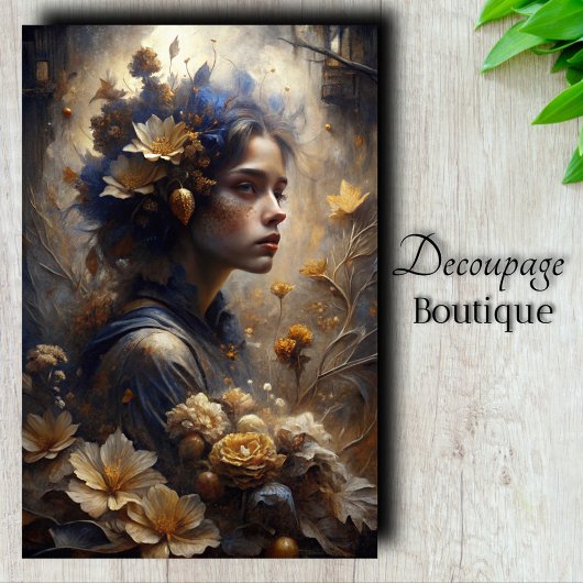 Autumn Enchantress Floral Goud Blauw Decoupage Tissuepapier
