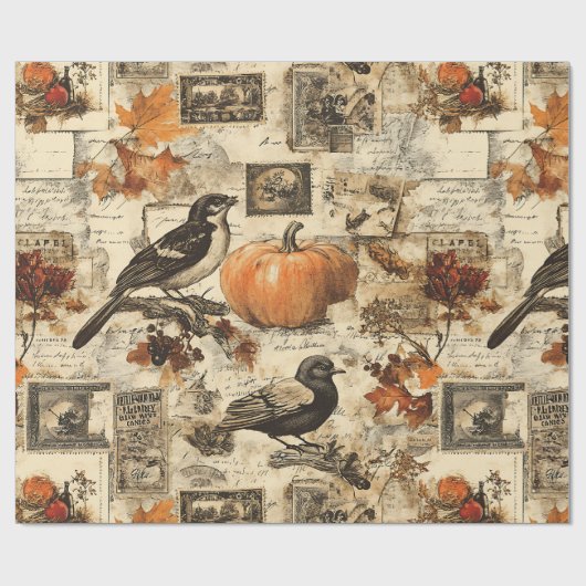  Autumn Ephemera Collage | Rustic Birds Cadeaupapier (Vlak)