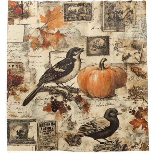 Autumn Ephemera Collage | Rustic Birds Douchegordijn (Voorkant)